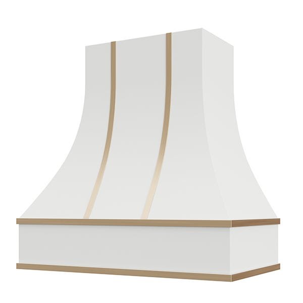 Kitchen and Cabinet Store Curved With Brass Strapping wood range hood in Primed (paint ready)