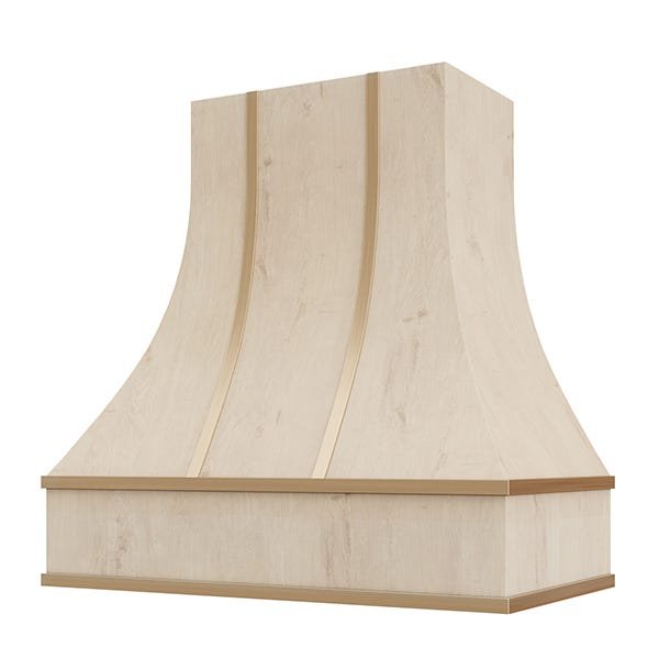 Kitchen and Cabinet Store Curved With Brass Strapping wood range hood in Raw