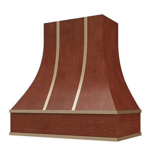 Kitchen and Cabinet Store Curved With Brass Strapping wood range hood in Saddle Stain