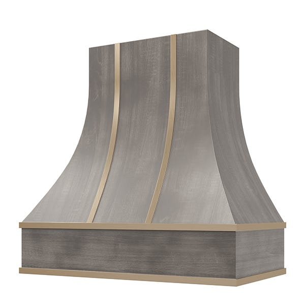 Kitchen and Cabinet Store Curved With Brass Strapping wood range hood in Stained Gray