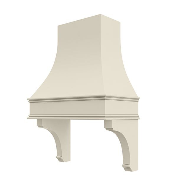 Kitchen and Cabinet Store Curved With Corbels wood range hood in Antique White