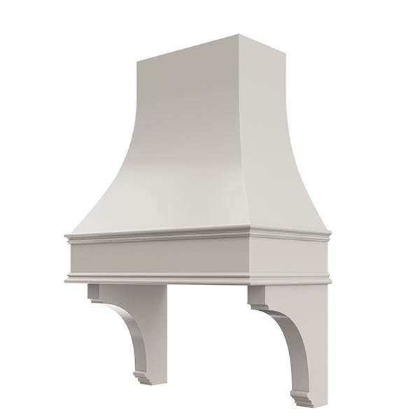 Kitchen and Cabinet Store Curved With Corbels wood range hood in Light Gray