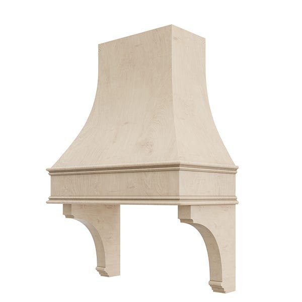 Kitchen and Cabinet Store Curved With Corbels wood range hood in Raw