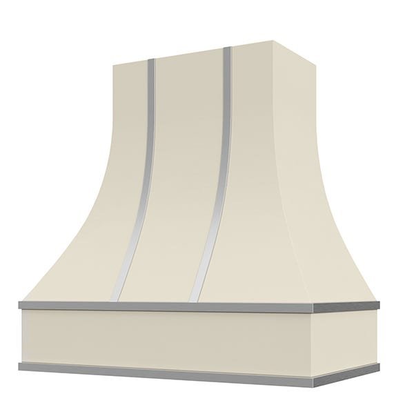 Kitchen and Cabinet Store Curved With Steel Strapping wood range hood in Antique White