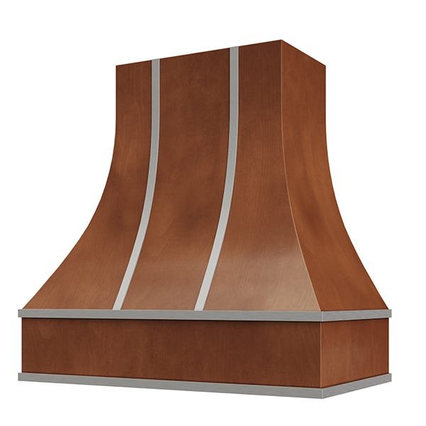 Kitchen and Cabinet Store Curved With Steel Strapping wood range hood in Chocolate Stain