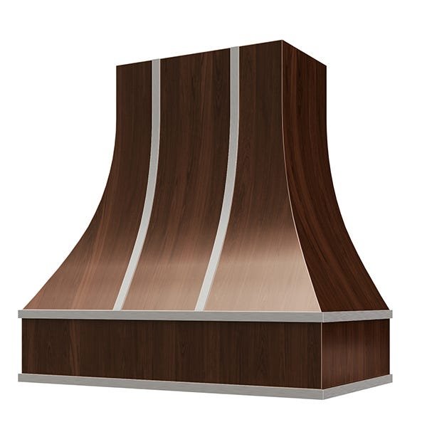 Kitchen and Cabinet Store Curved With Steel Strapping wood range hood in Espresso Stain