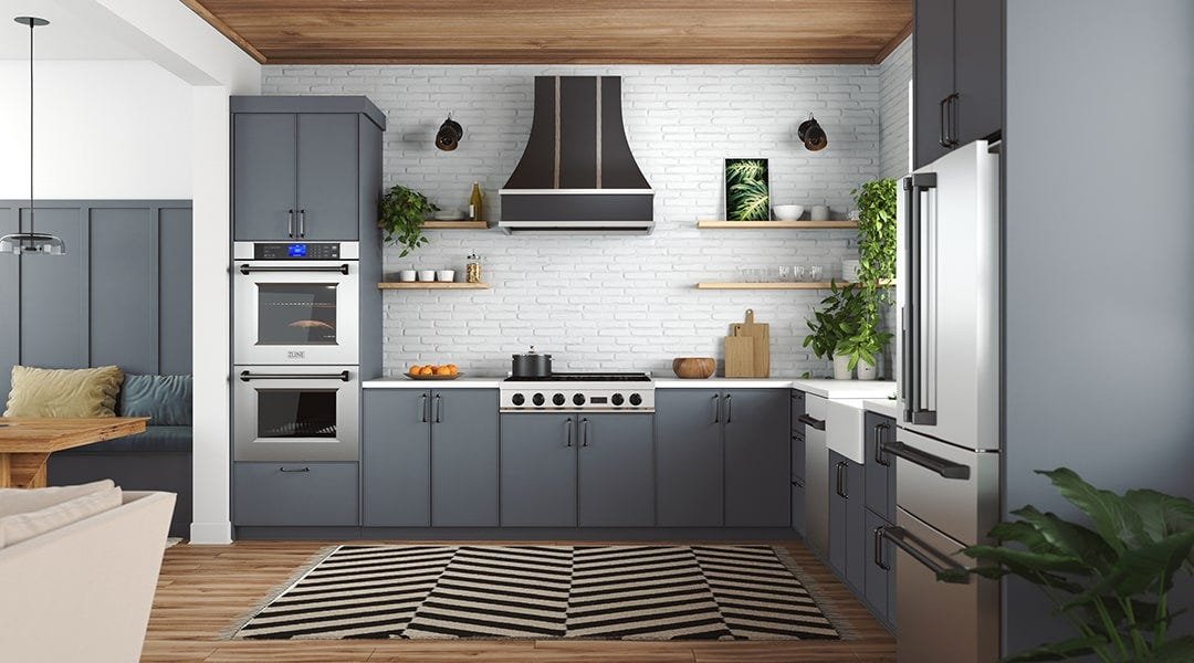 Kitchen with a curved style wood range hood