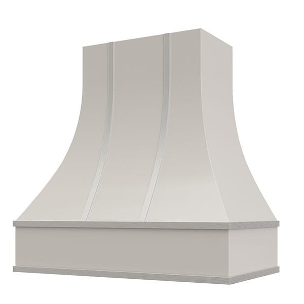 Kitchen and Cabinet Store Curved With Steel Strapping wood range hood in Light Gray