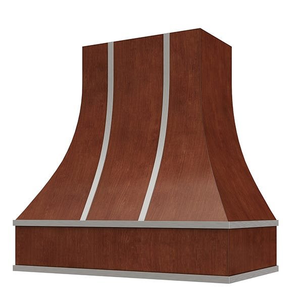 Kitchen and Cabinet Store Curved With Steel Strapping wood range hood in Saddle Stain
