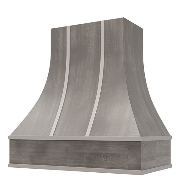 Kitchen and Cabinet Store Curved With Steel Strapping wood range hood in Stained Gray