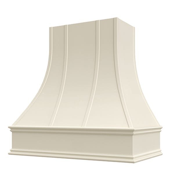 Kitchen and Cabinet Store Curved With Strapping wood range hood in Antique White