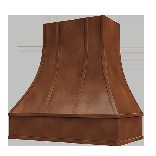 Kitchen and Cabinet Store Curved With Strapping wood range hood in Chocolate Stain