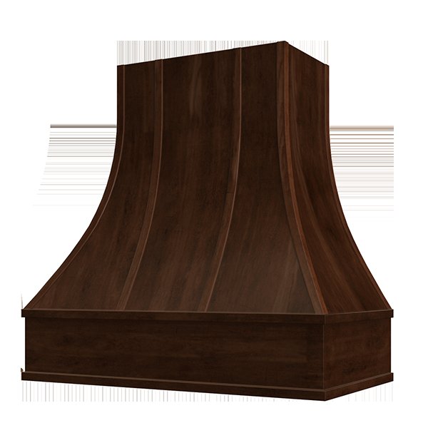 Kitchen and Cabinet Store Curved With Strapping wood range hood in Espresso Stain