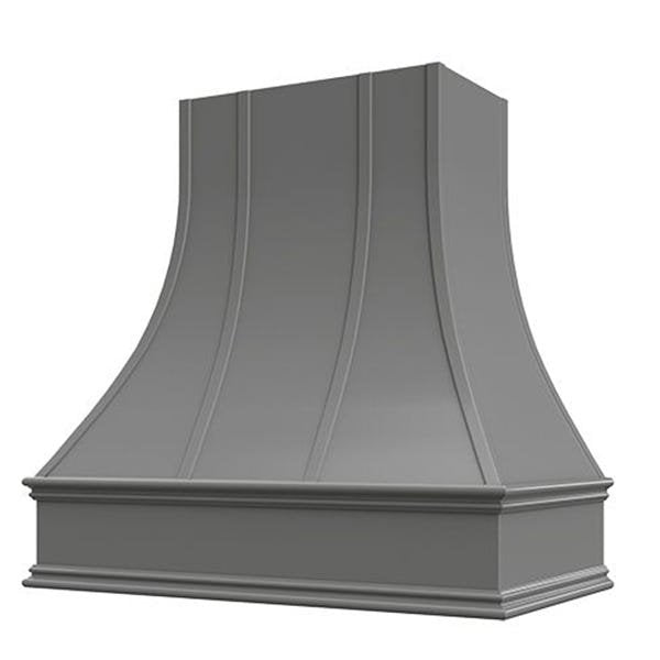 Kitchen and Cabinet Store Curved With Strapping wood range hood in Gray