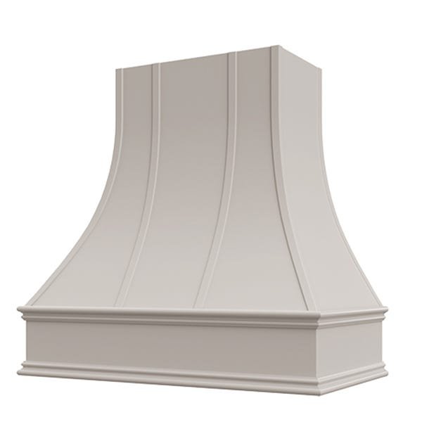Kitchen and Cabinet Store Curved With Strapping wood range hood in Light Gray
