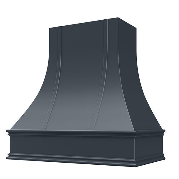 Kitchen and Cabinet Store Curved With Strapping wood range hood in Navy