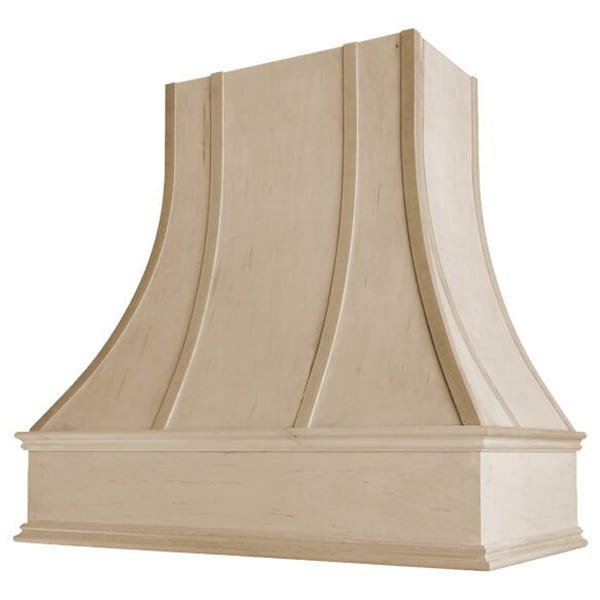 Kitchen and Cabinet Store Curved With Strapping wood range hood in Raw