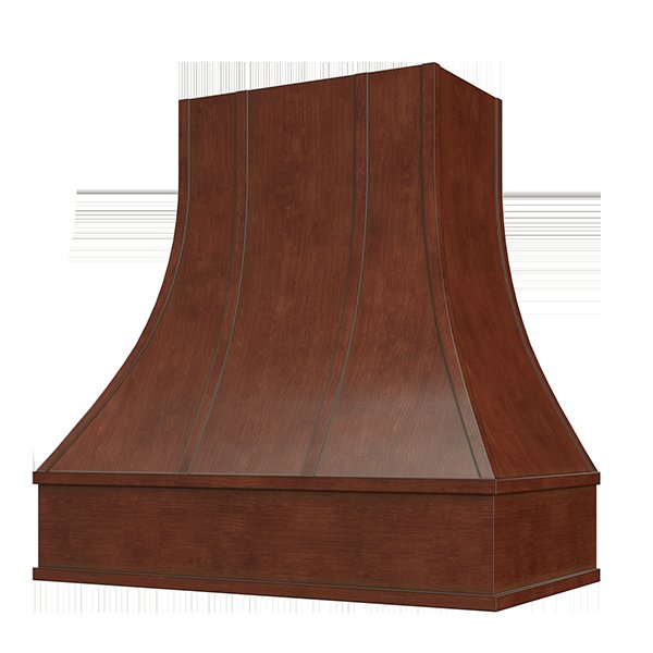 Kitchen and Cabinet Store Curved With Strapping wood range hood in Saddle Stain