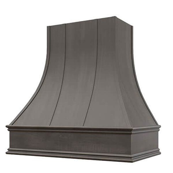 Kitchen and Cabinet Store Curved With Strapping wood range hood in Stained Gray
