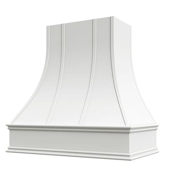 Kitchen and Cabinet Store Curved With Strapping wood range hood in White