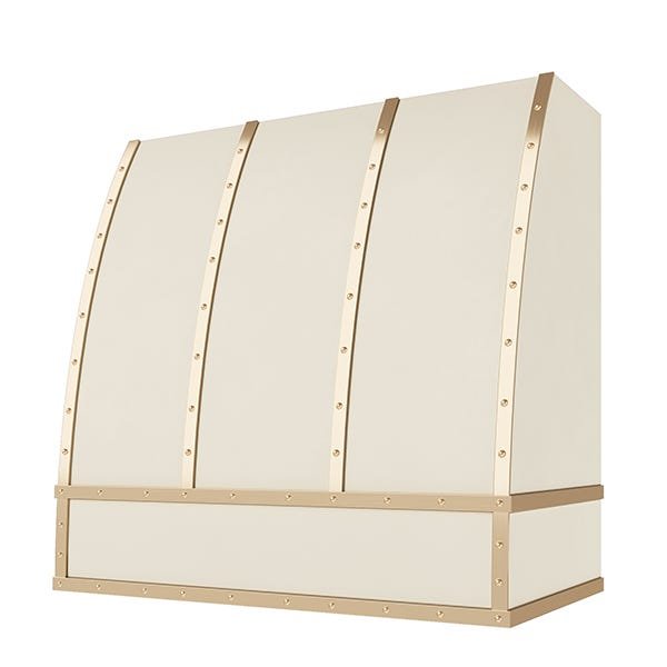 Kitchen and Cabinet Store Scoop With Brass Strapping And Buttons wood range hood in Antique White