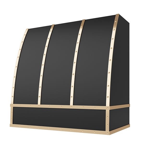 Kitchen and Cabinet Store Scoop With Brass Strapping And Buttons wood range hood in Black