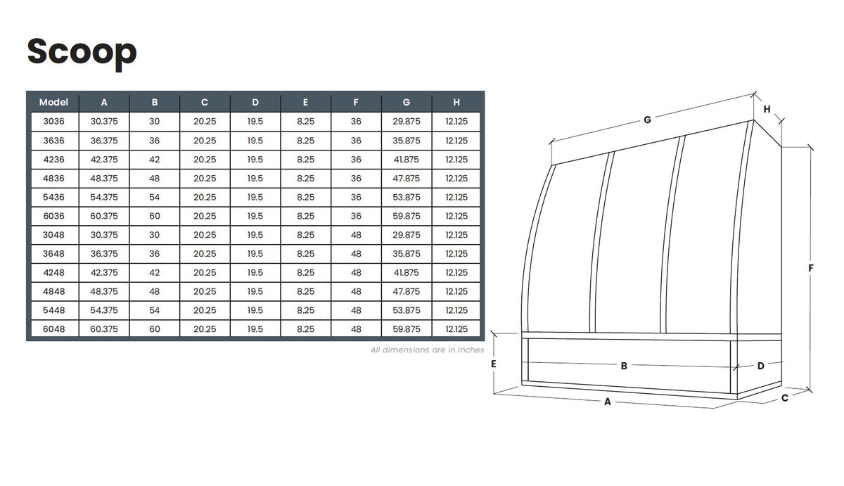 Kitchen and Cabinet Store Scoop With Brass Strapping And Buttons wood range hood dimension drawing and size chart