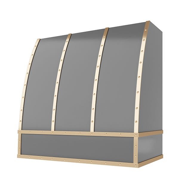 Kitchen and Cabinet Store Scoop With Brass Strapping And Buttons wood range hood in Gray