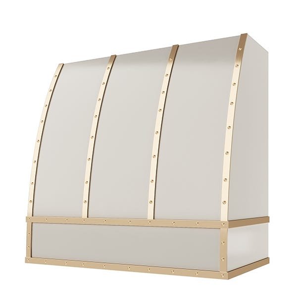 Kitchen and Cabinet Store Scoop With Brass Strapping And Buttons wood range hood in Light Gray