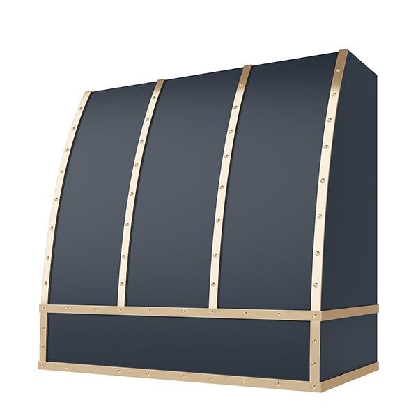 Kitchen and Cabinet Store Scoop With Brass Strapping And Buttons wood range hood in Navy