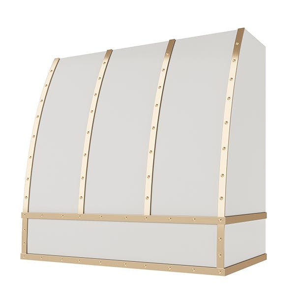 Kitchen and Cabinet Store Scoop With Brass Strapping And Buttons wood range hood in Primed (paint ready)