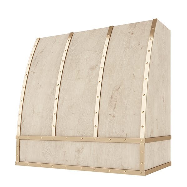 Kitchen and Cabinet Store Scoop With Brass Strapping And Buttons wood range hood in Raw