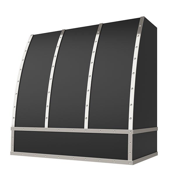 Kitchen and Cabinet Store Scoop With Steel Strapping And Buttons wood range hood in Black