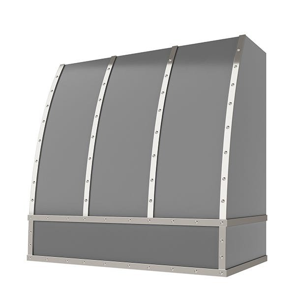 Kitchen and Cabinet Store Scoop With Steel Strapping And Buttons wood range hood in Gray