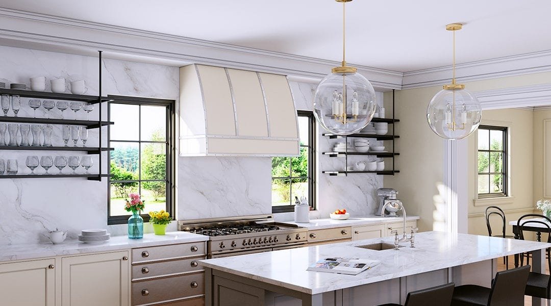 Kitchen with a scoop style wood range hood