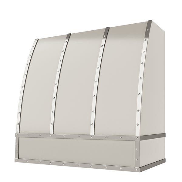 Kitchen and Cabinet Store Scoop With Steel Strapping And Buttons wood range hood in Light Gray