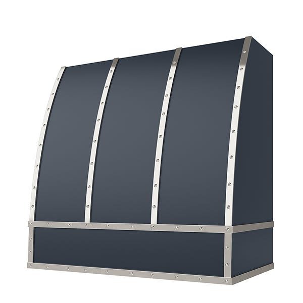 Kitchen and Cabinet Store Scoop With Steel Strapping And Buttons wood range hood in Navy