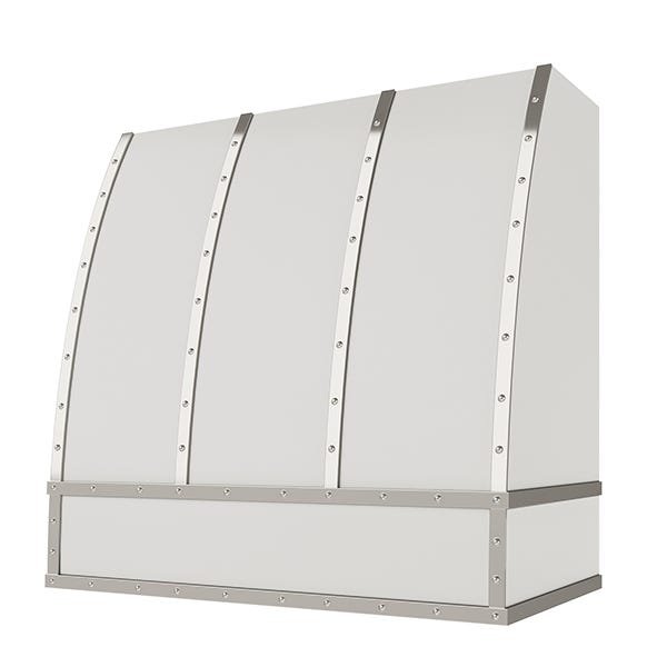 Kitchen and Cabinet Store Scoop With Steel Strapping And Buttons wood range hood in Primed (paint ready)