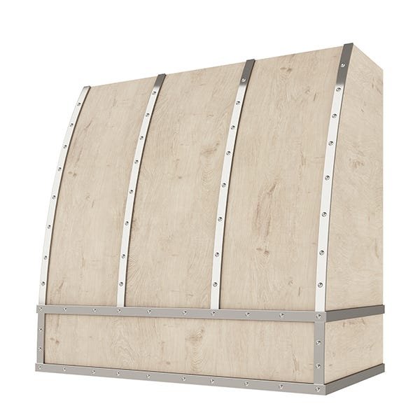 Kitchen and Cabinet Store Scoop With Steel Strapping And Buttons wood range hood in Raw