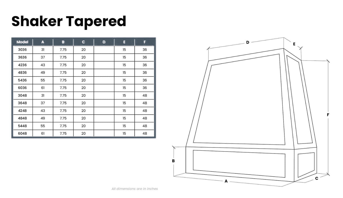 Kitchen and Cabinet Store Shaker Tapered wood range hood dimension drawing and size chart