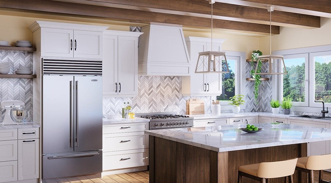 Kitchen with a shaker style wood range hood