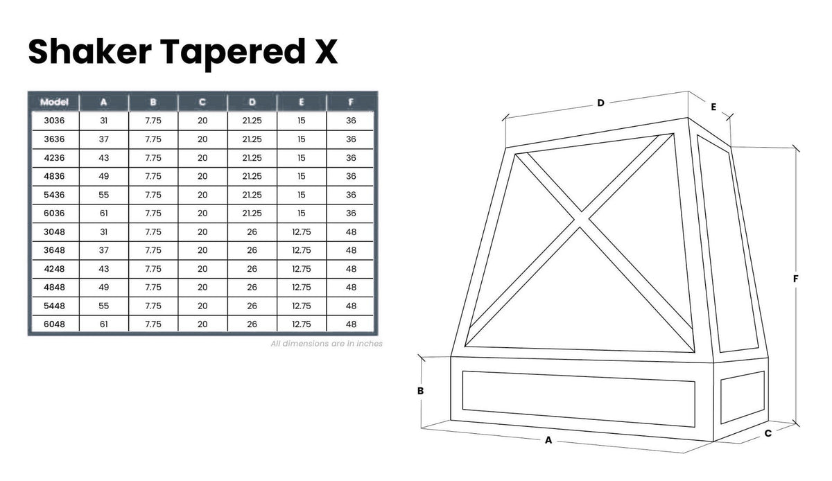 Kitchen and Cabinet Store Shaker Tapered X wood range hood dimension drawing and size chart