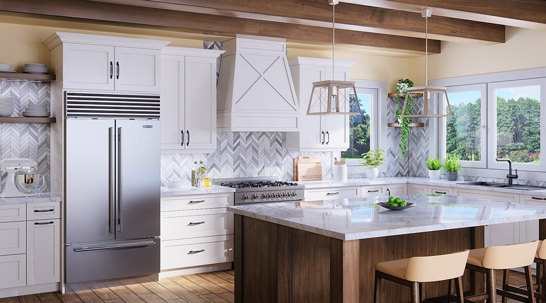 Kitchen with a shaker style wood range hood
