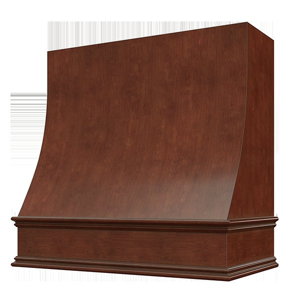 Kitchen and Cabinet Store Sloped wood range hood in Saddle Stain