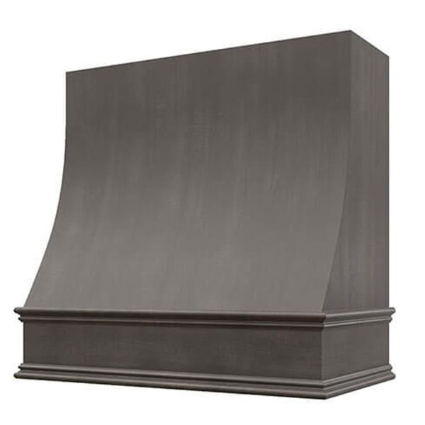 Kitchen and Cabinet Store Sloped wood range hood in Stained Gray