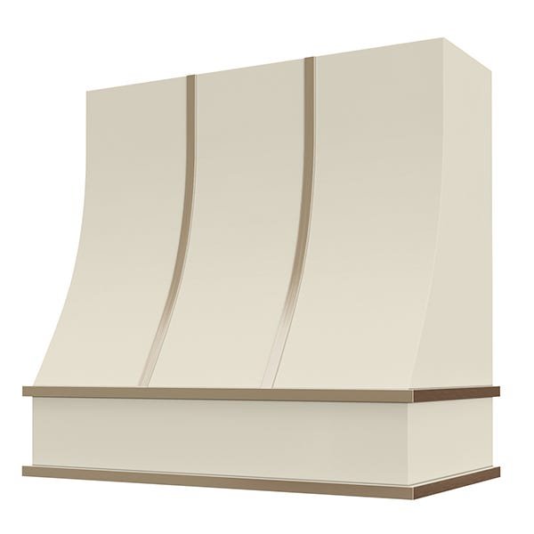 Kitchen and Cabinet Store Sloped With Brass Strapping wood range hood in Antique White