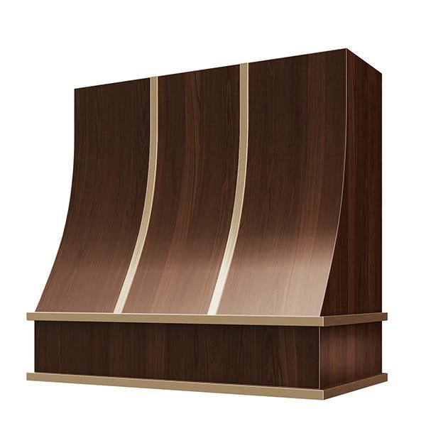 Kitchen and Cabinet Store Sloped With Brass Strapping wood range hood in Espresso Stain