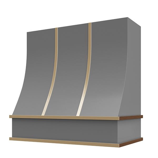 Kitchen and Cabinet Store Sloped With Brass Strapping wood range hood in Gray