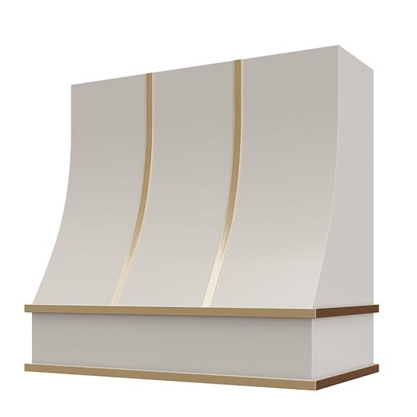 Kitchen and Cabinet Store Sloped With Brass Strapping wood range hood in Light Gray