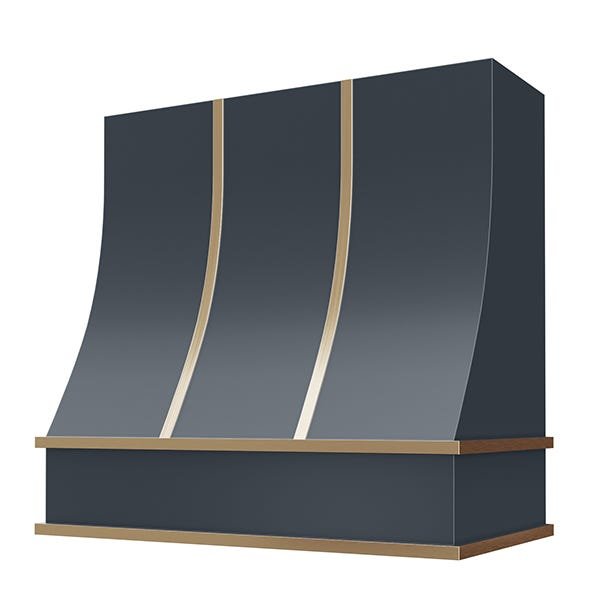 Kitchen and Cabinet Store Sloped With Brass Strapping wood range hood in Navy